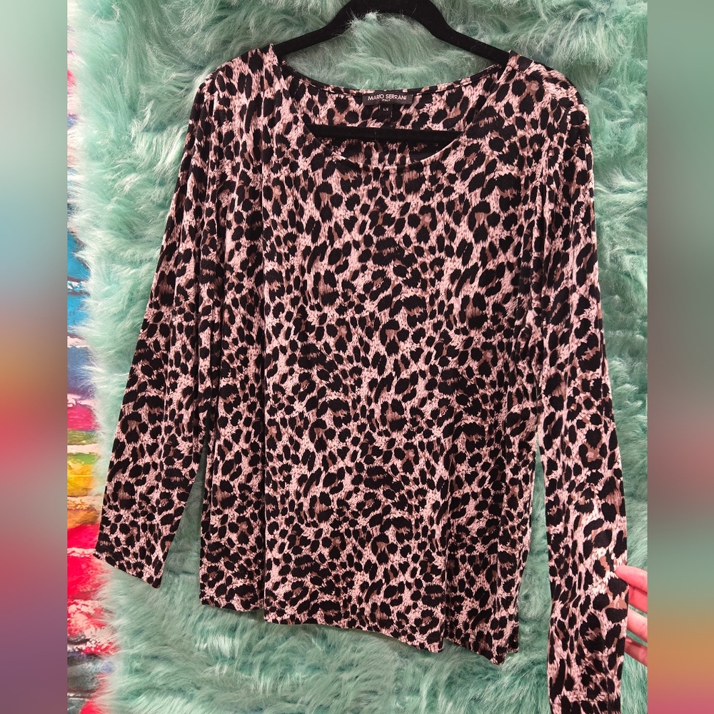Mario Serrani Brown White and Black Animal Print Long Sleeve Top Size L